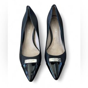 Coach Zan Tumble Glazed leather & patent leather heels silver logo plaque 7.5